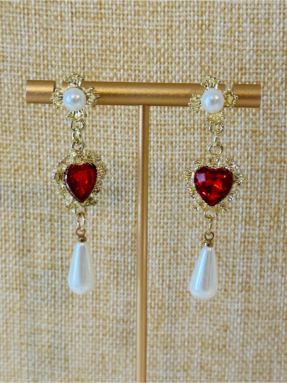 Fashion Jewelry Gold-Tone Red Heart Drop Earrings with Pearl Teardrops